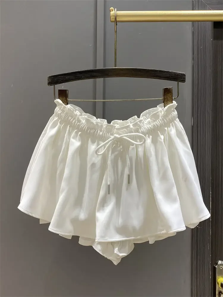 Fungus Drawstring Lace Up A-line Shorts Skirts 2025 High Waist White Skirt For Women Spring Autumn New Faldas De Mujer