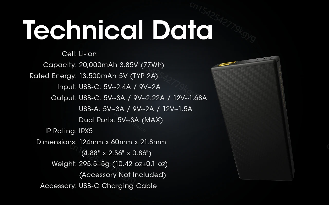 NITECORE CARBO 20000 20000mAh Mobile Power Bank IPX5 Raing Carbon Fiber PD/QC 20W Fast Charge Low Current Mode Protection Phones