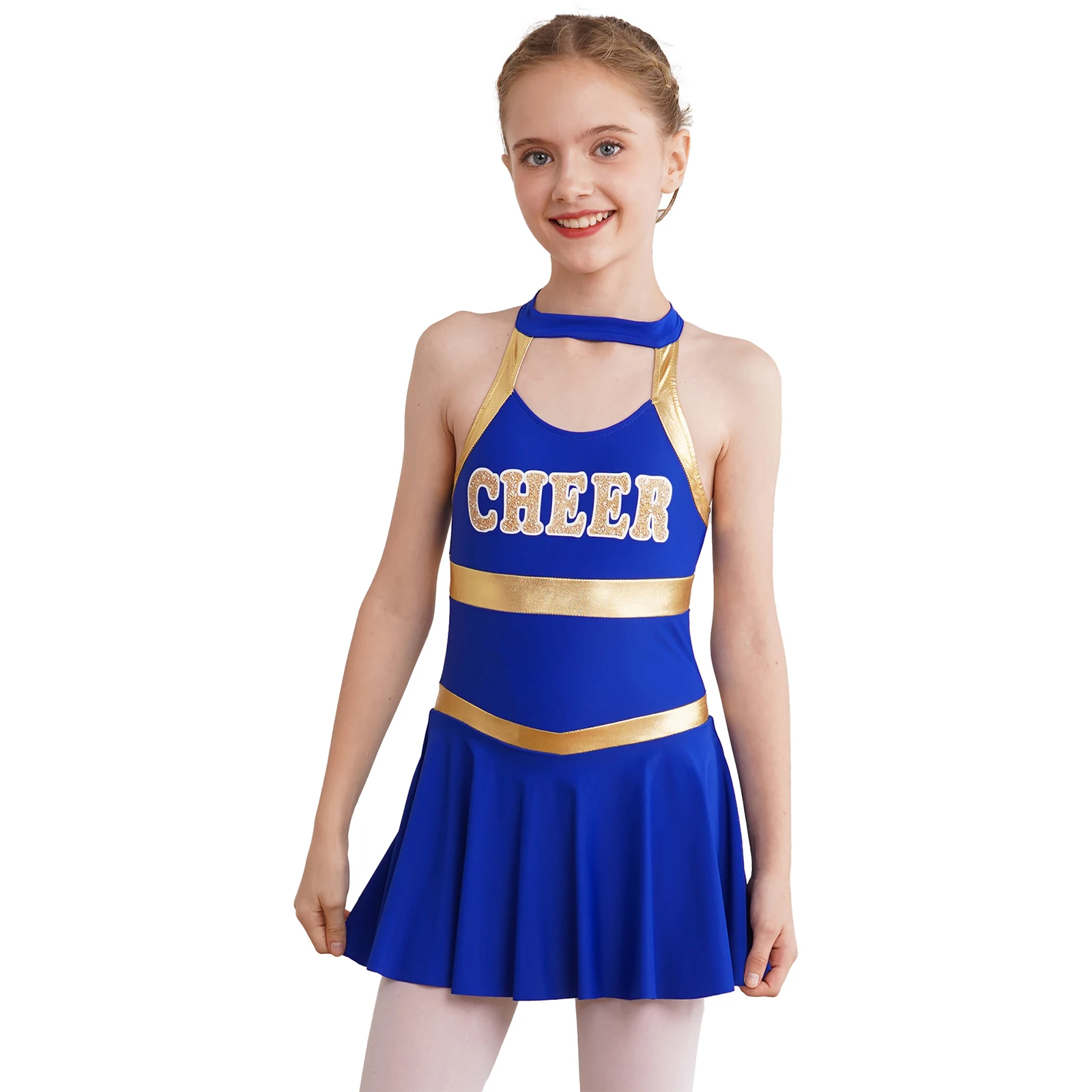 Kids Girls Cheerleading Uniform Gymnastics Ballet Dance Clothing Sleeveless Round Collar Letter Print Hollow Back Dance Dress