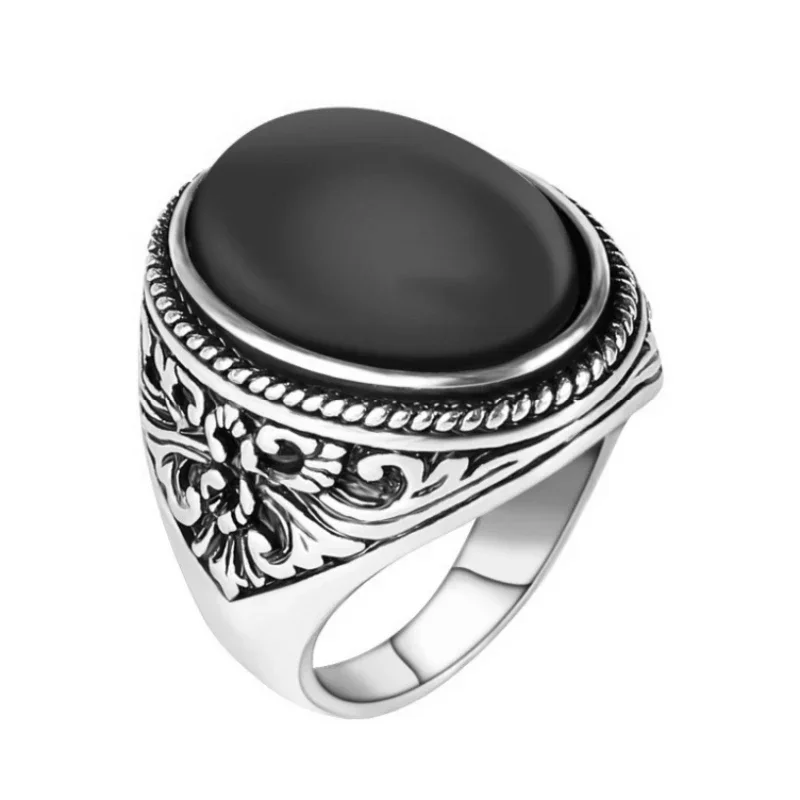 European and American Classical Vintage Black Agate Oval Ring Men\'s Art Carved Simple Men\'s Handicrafts