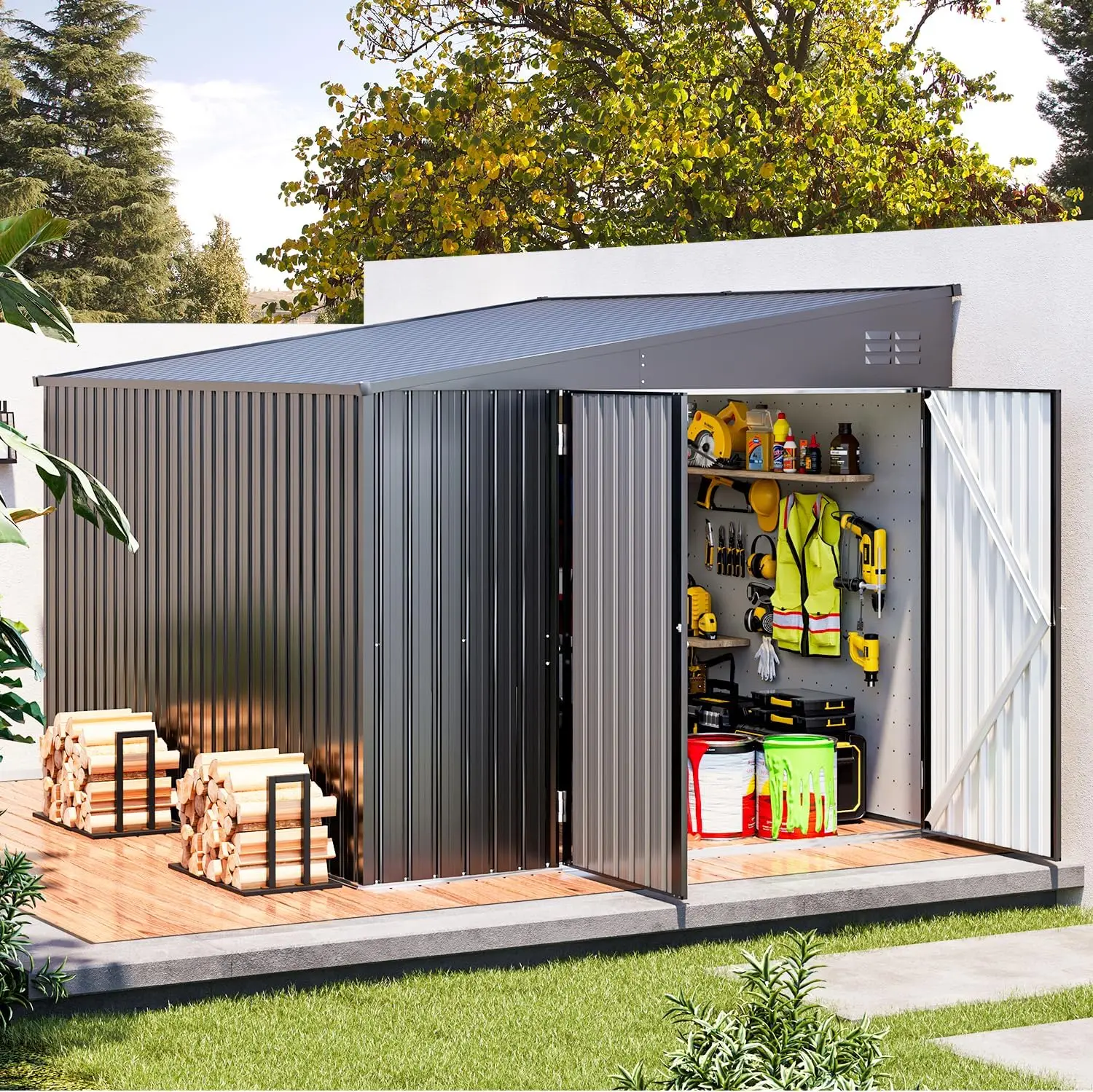 

Shed Lean to Storage Shed, Large Outdoor 8' x 10' Metal Wall Side Bike Shed & Outdoor Storage, Garden Storage Cabinet for Backa
