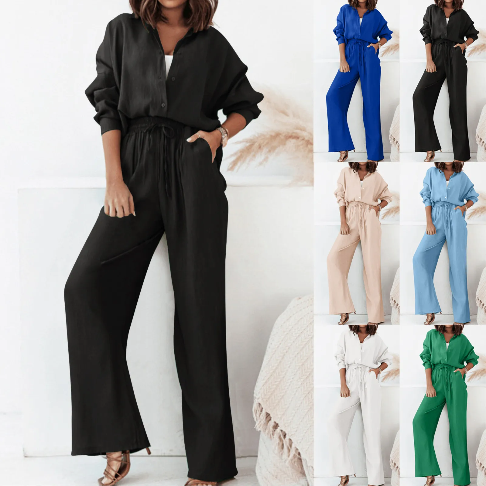 Loose Pant Sets For Women 2 Pieces Loose Shirts And Pants Two Piece Set For Women Long Sleeve Shirt And Wide Leg Pants Suit 2024