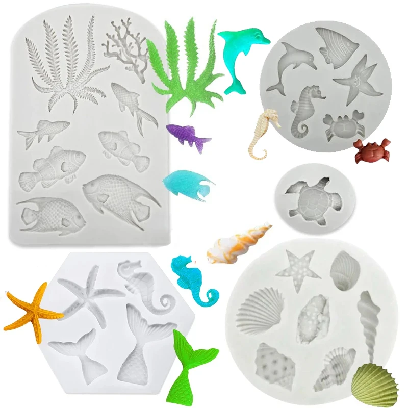 Silicone Marine Shell Mold Sea Fish Coral Sea Turtle Cake Fondant Conch Baking Mould Tool DIY Cake Chocolate Candy Decoration