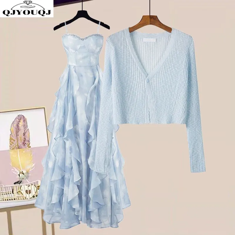 Spring/Summer Fashion Women's Set 2024 New Korean Edition Sunscreen Cardigan Women's Slim Slim Hanging Dress Two Piece Set