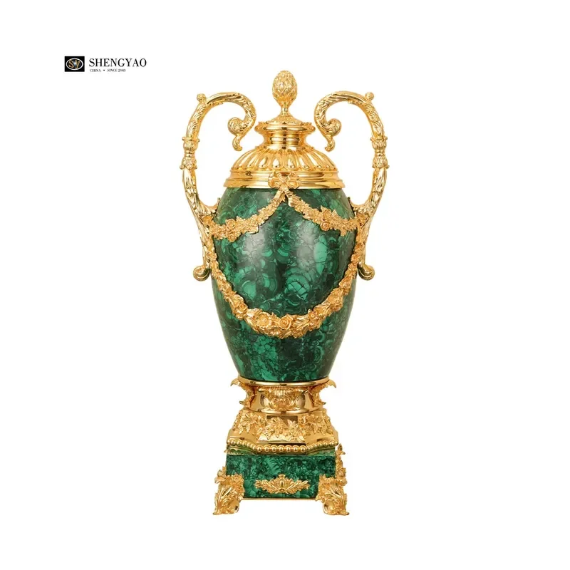 Natural Villa Decoration Brass Inlay Green Malachite Vase Malachite Gemstone Ornaments