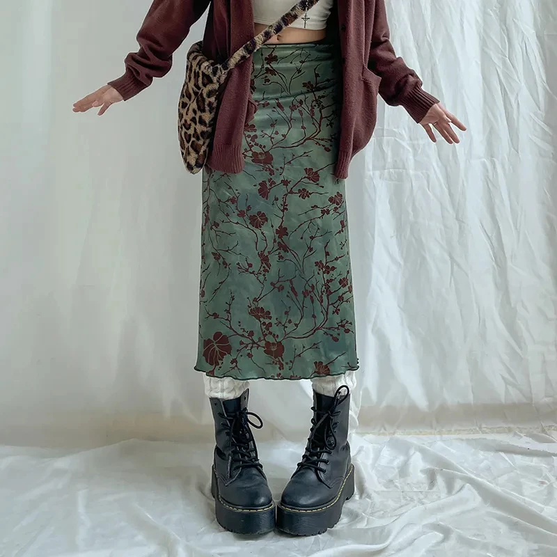 

Китайская винтажная юбка-миди с принтом, женская новинка 2023 года, сексуальная длинная юбка трапециевидной формы с приталенной талией, готическая мода, универсальные Faldas