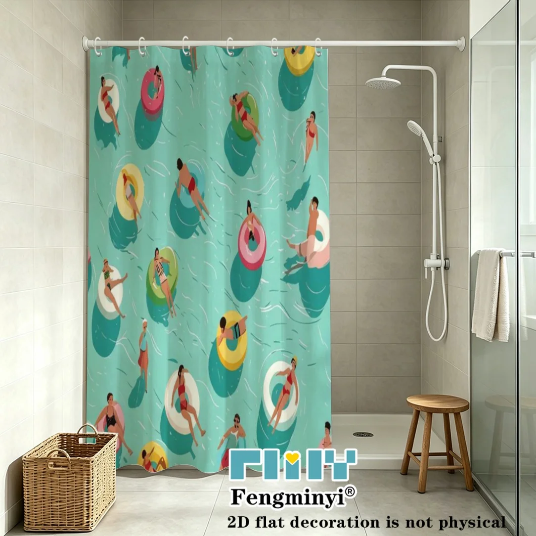 Summer Pool Party Shower Curtain, Turquoise Water People Swimming With Float Rings Print, Art Curtain for Cheerful Home Bathroom