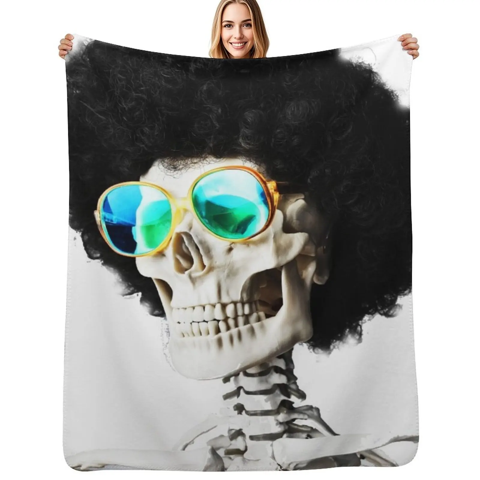 

Skull in sunglasses and wig Throw Blanket Plaid on the sofa Quilt Summer Beddings Polar Blankets