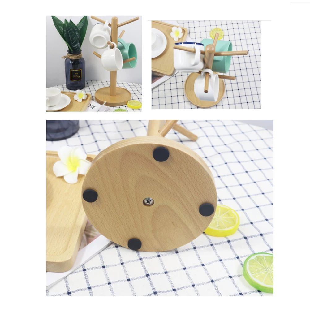 

1Pcs Solid Wood Kitchen Storage Rack Mug Rack Tree Beech Removable Cup Holder Organizer 6 Hooks for Coffee Tea