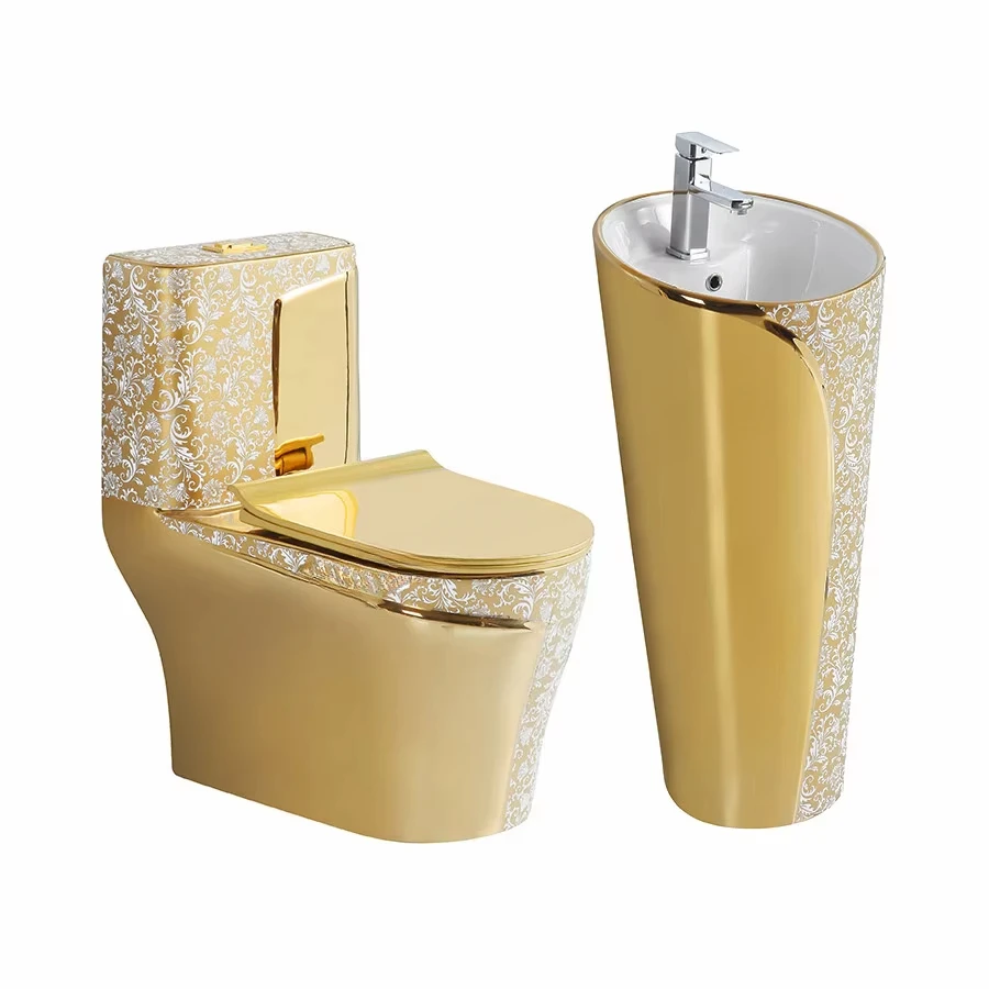 Gold Luxury Bathroom Sanitary Ware Suite Wc Integrated Ceramic Seat Potty Flush Toilet Gold Toilet with Base Sink Set