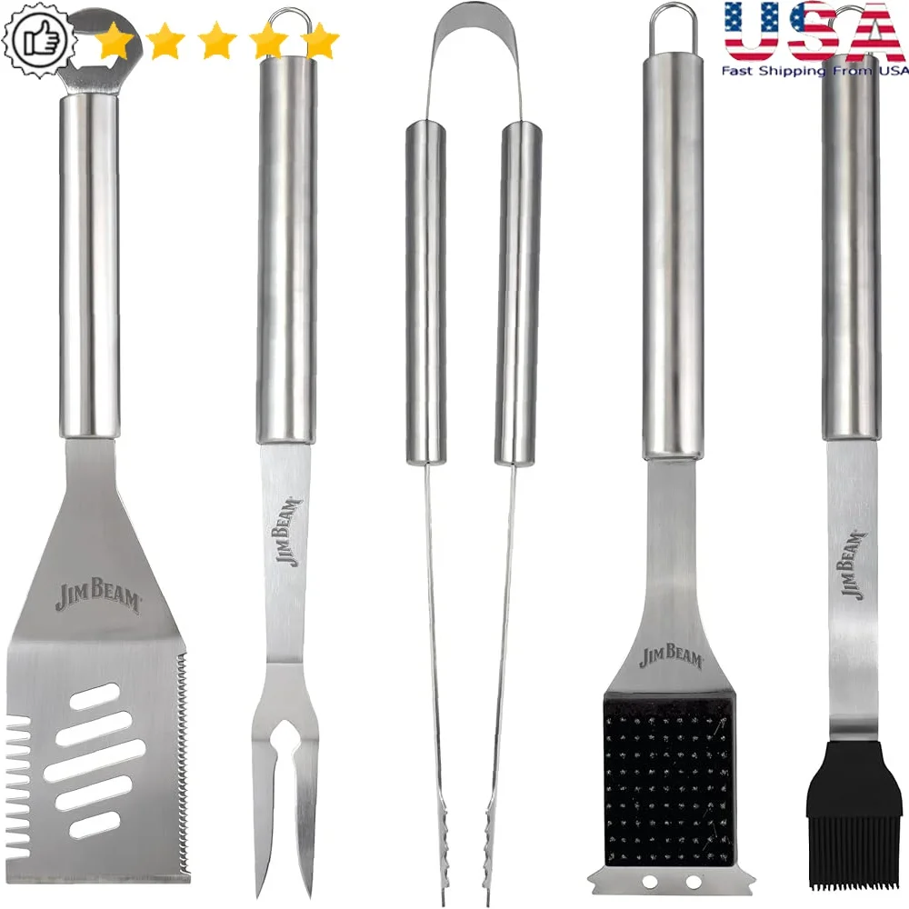

5 Piece Stainless Steel BBQ Tool Set Grilling Fork Spatula Tongs Basting Brush Grill Brush Extra Long Handles Outdoor Cooking