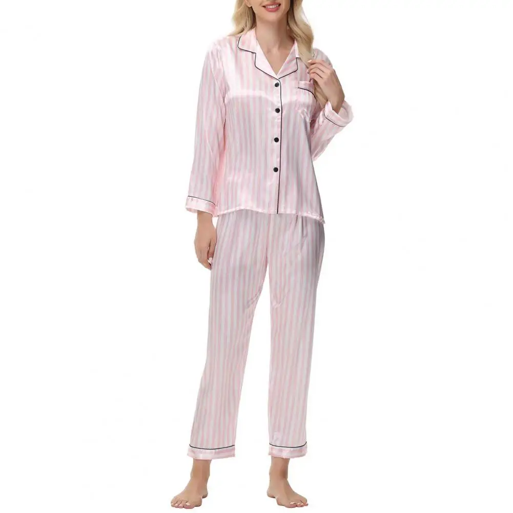 Lapel Nightgown Pants Set Lapel Stripe Shirts Pants Suits Luxurious Silk Satin Pajama Sets for Women Elegant Button Down Tops