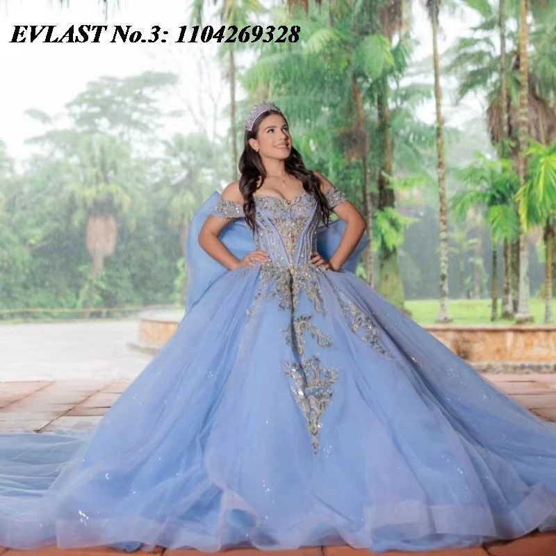

EVLAST Customized Mexican Sky Blue Ball Gown Quinceanera Dress Silver Lace Applique Beading Big Bow Vestidos 15 De Años E3Q944