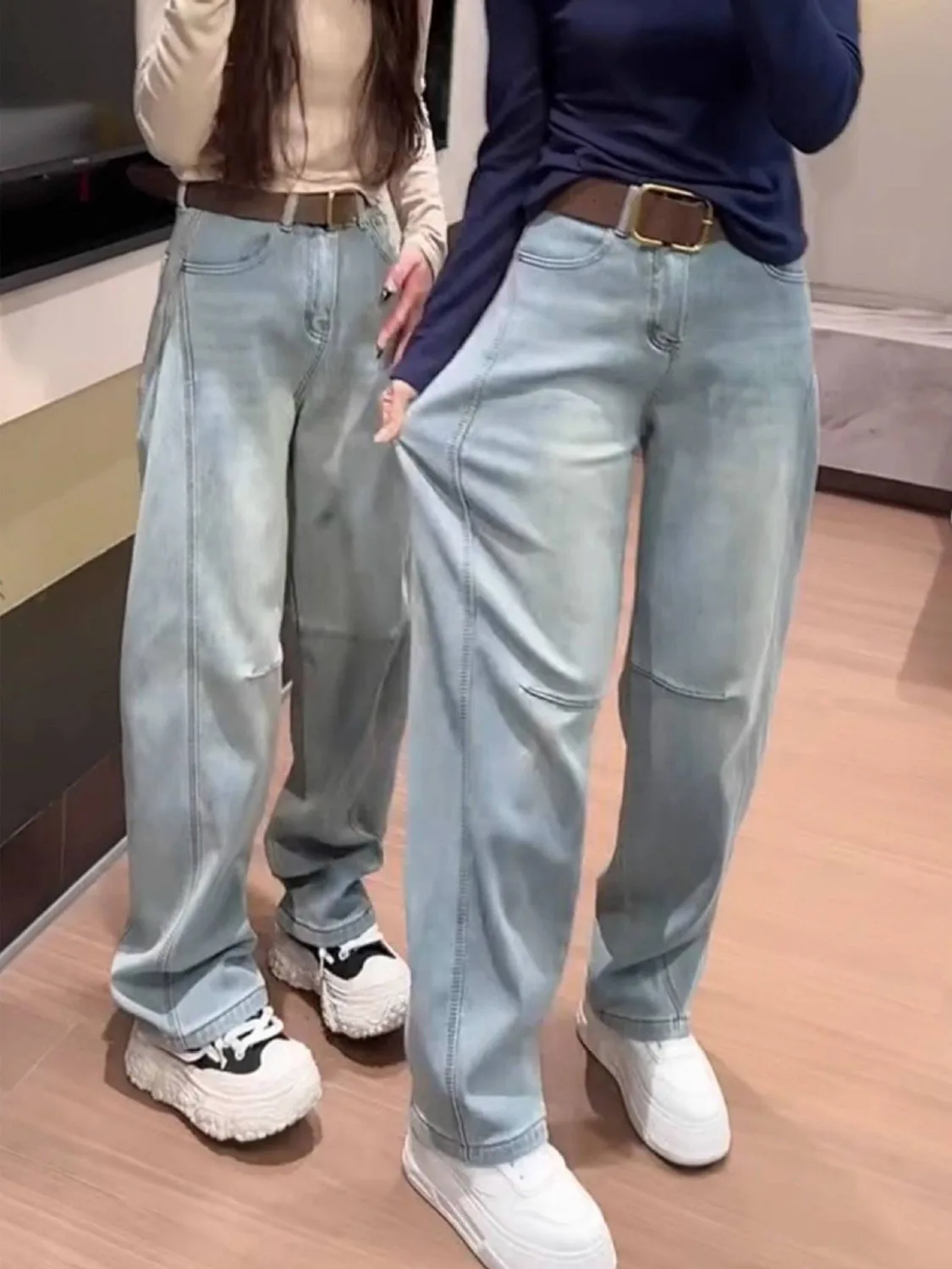 Women's Vintage Wash Baggy Jeans Wide Leg Denim Pants with Side Seam Knee Cut Detail Y2K Streetwear High Waisted Loose Trousers
