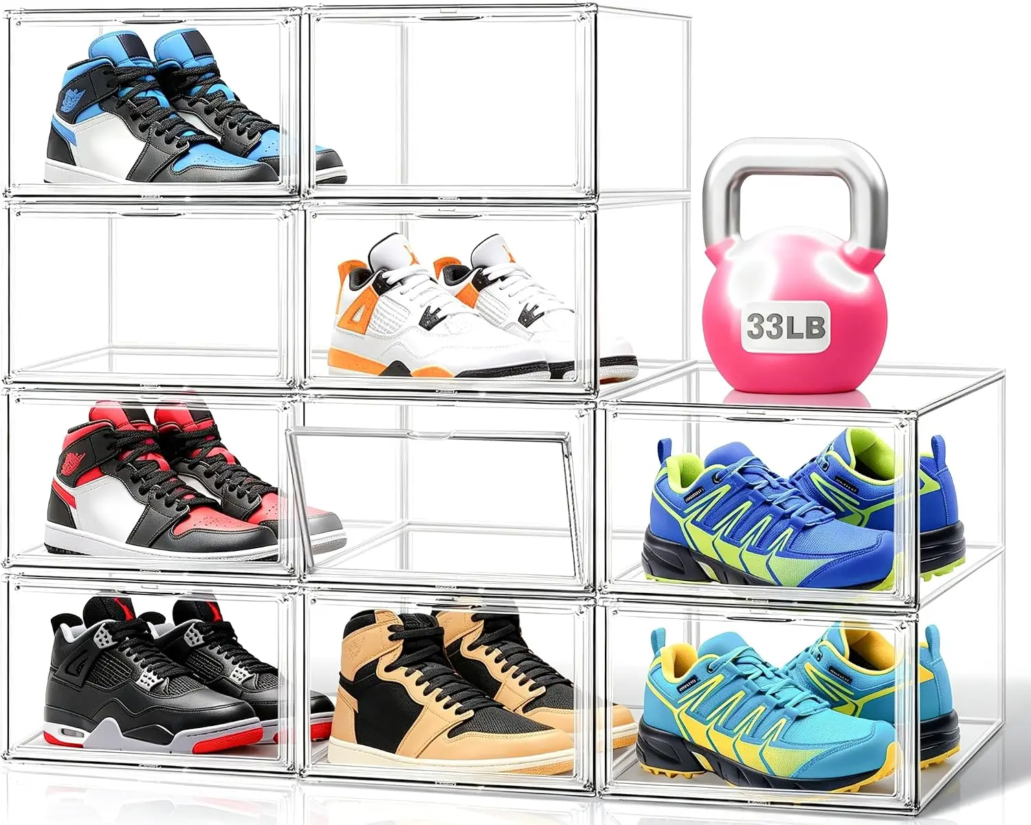 10 Pack Clear Acrylic Shoe Boxes, Side Door Sneaker Organizer Fit Size 13 | Large stackable boxes for sneakers, high tops, shoe
