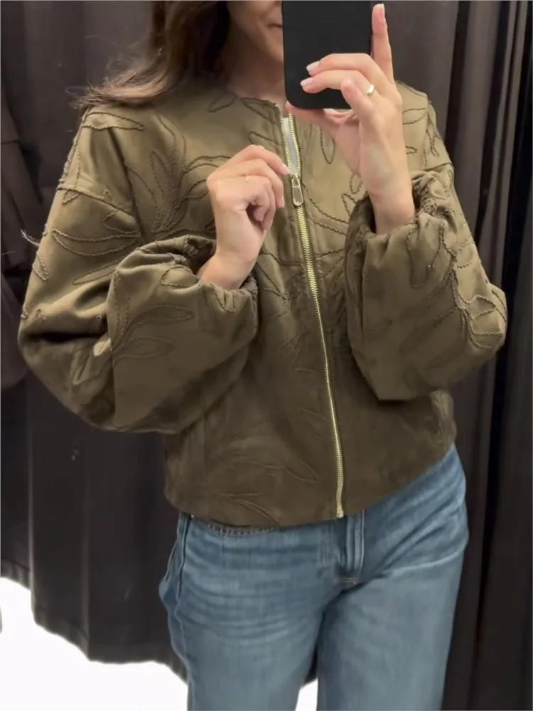 

Куртка-бомбер из искусственной замши с вышивкой, женская модная куртка на молнии с карманами, куртки, пальто, осень 2024, повседневная свободная верхняя одежда