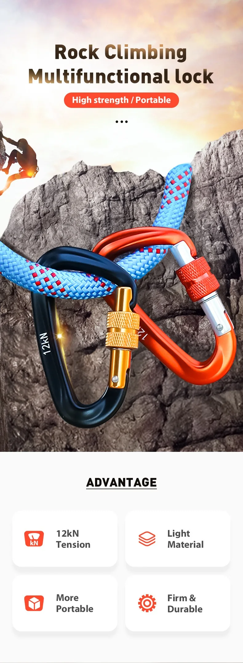 D-Form 12KN Professioneller Karabiner Hochwertiger Aluminium-Kletterhaken Sicherheits-Vorhängeschloss Outdoor-Zubehör – Detail 1