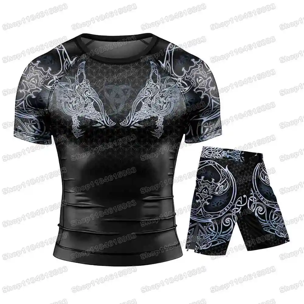 Tattoo Viking Wrestling Rash Guards Surfing Jersey Beach Shirts Swimwear Diving Gym Shorts MMA BJJ Men Jiu Jitsu Fitness Sets