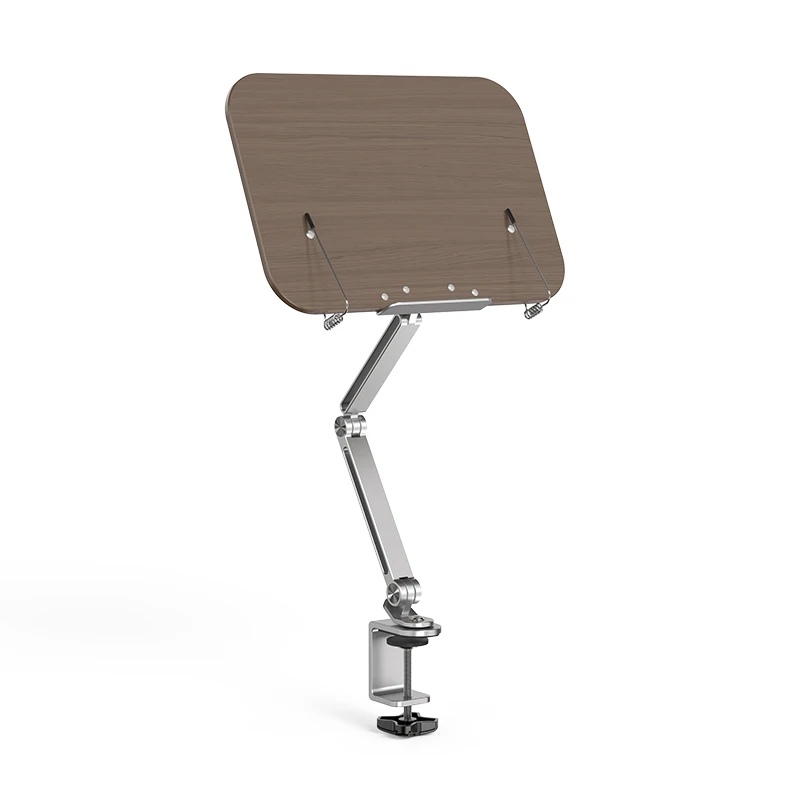 HR06 Aluminum Walnut Wood Book Holder 360 Rotate Height Adjustable Long Arm Reading Book Stand Bookends for Desk