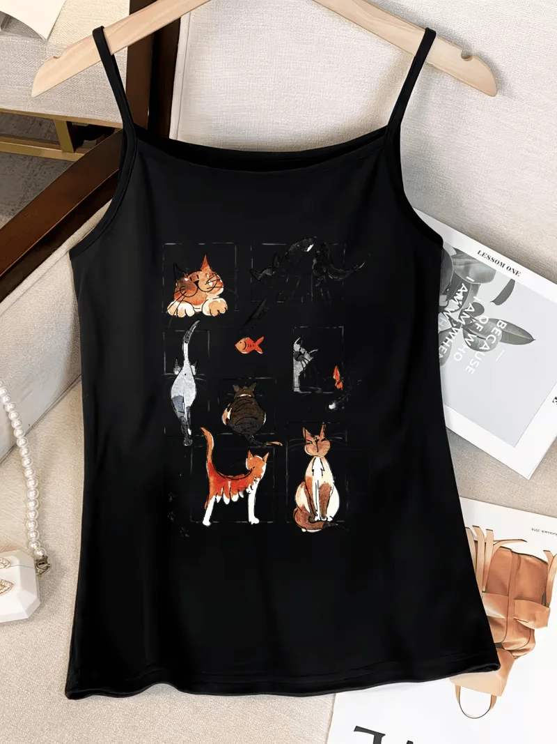 Hand Drawn Watercolor Kitten Grid Paw Graphic Women Spaghetti Strap Camisole Sleeveless Vacation Spring Summer Top