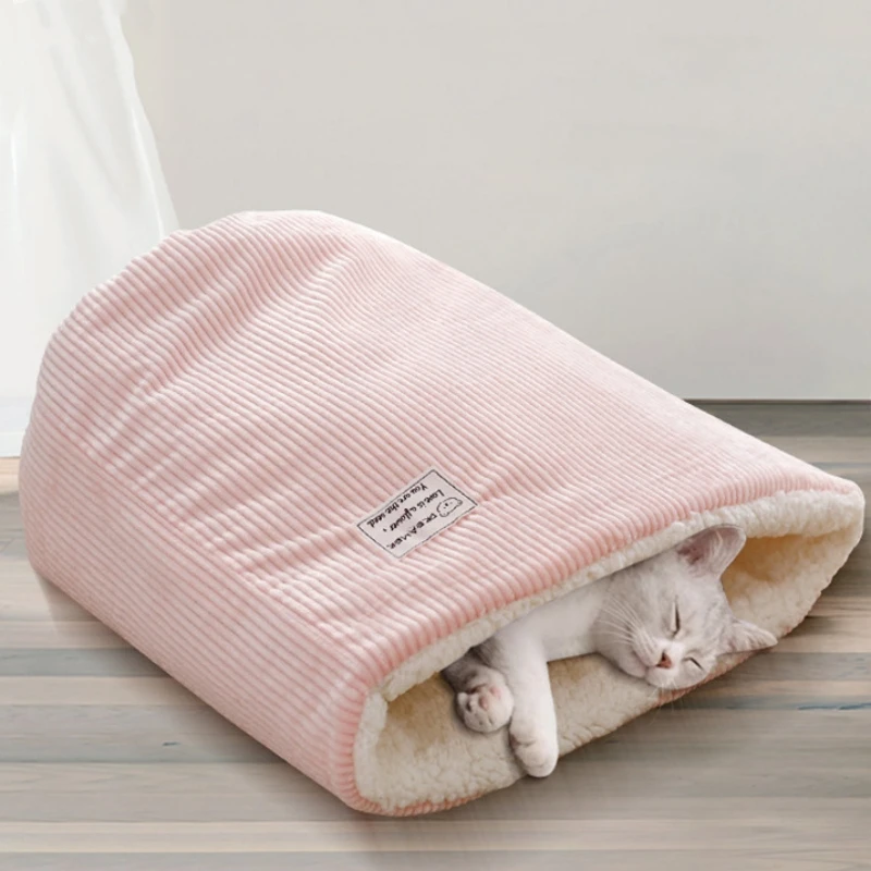 Warm Velvet Fabric Bed for Cats Dogs Winter Autumn Comfortable Soft Fleece Bucket Type Blue Sleeping Bag for kittens Pet house