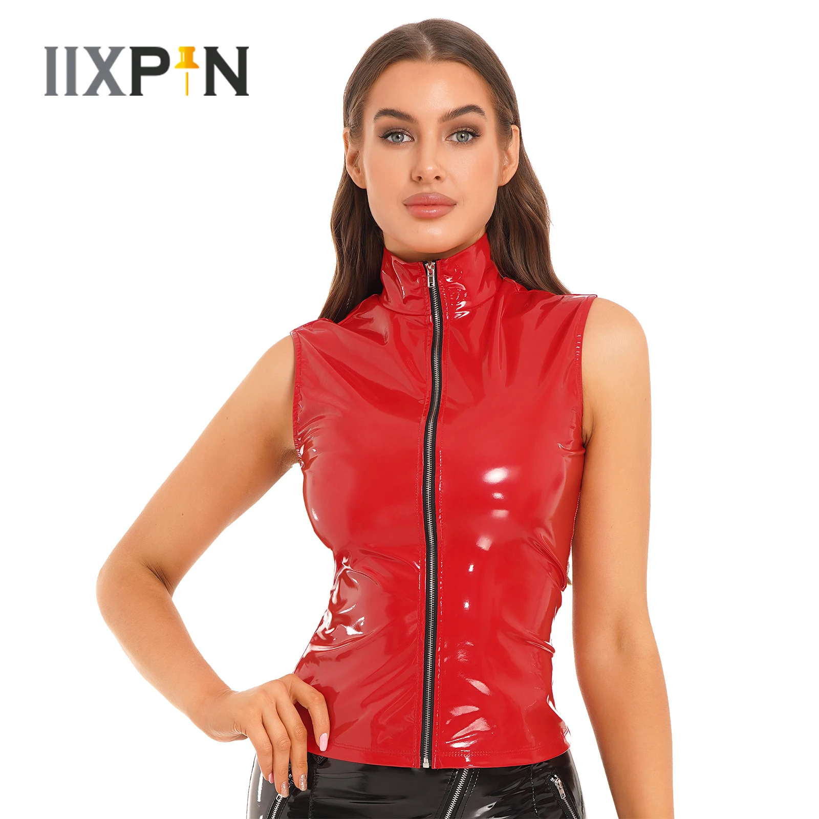 

HOT Sexy Womens Zipper Jacket Wet Look Patent Leather Stand Collar Sleeveless Cami Vest Tank Tops Female Fashion Party Clubwear