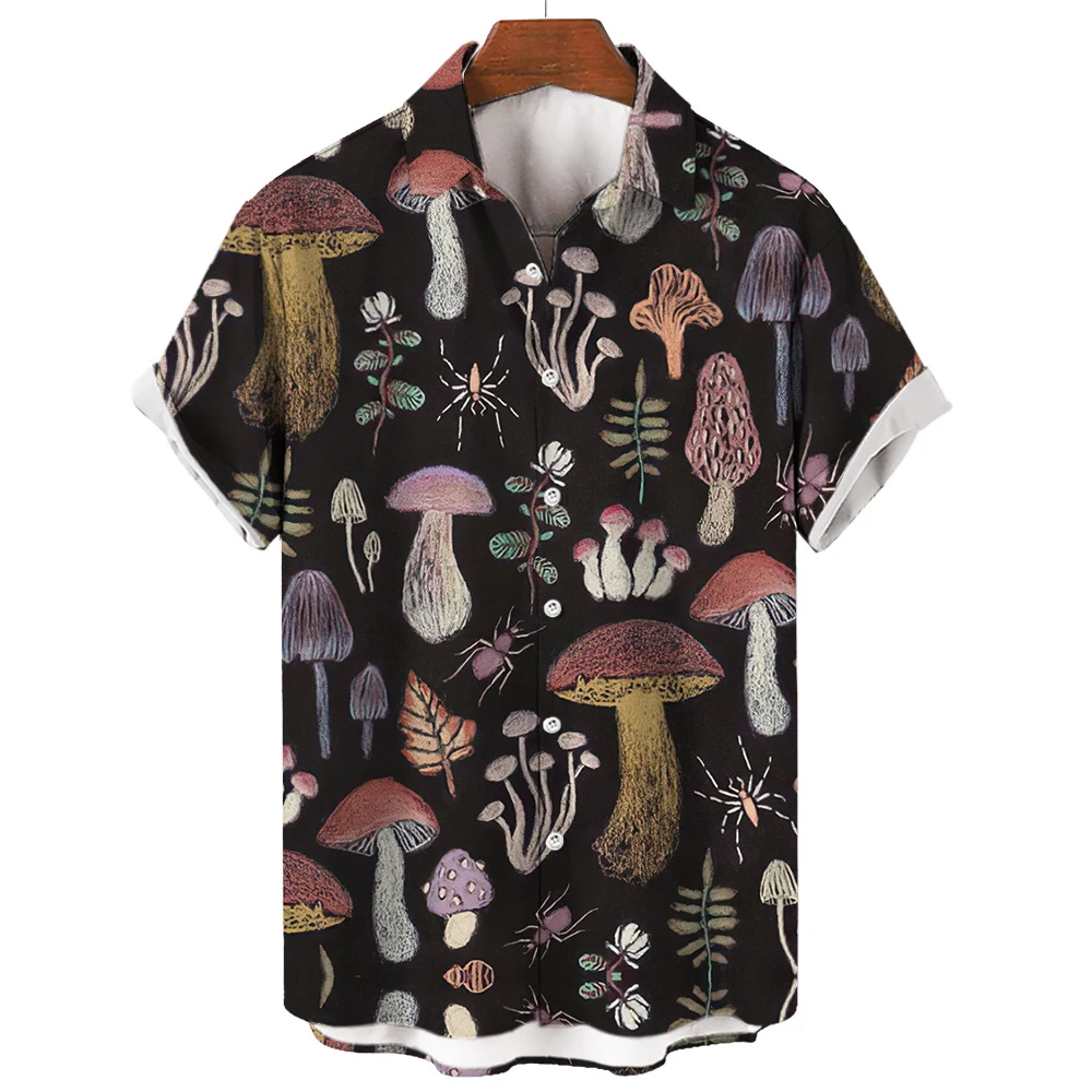 2024 Men's Hawaiian Summer Colored Mushrooms 3D Printed Fashion Shirt Refreshing Casual Short Sleeve Beach Shirt For Mens