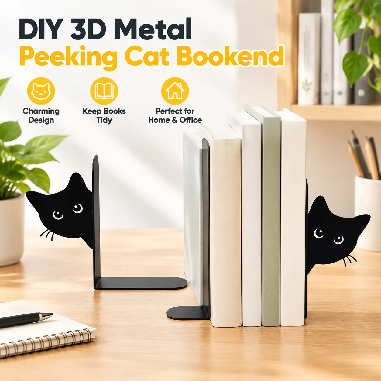 DIY 3D Metal Peeking Cat Bookend, Flat Pack Foldable Desktop Book Holder, Stationery Organizer for Home Office
