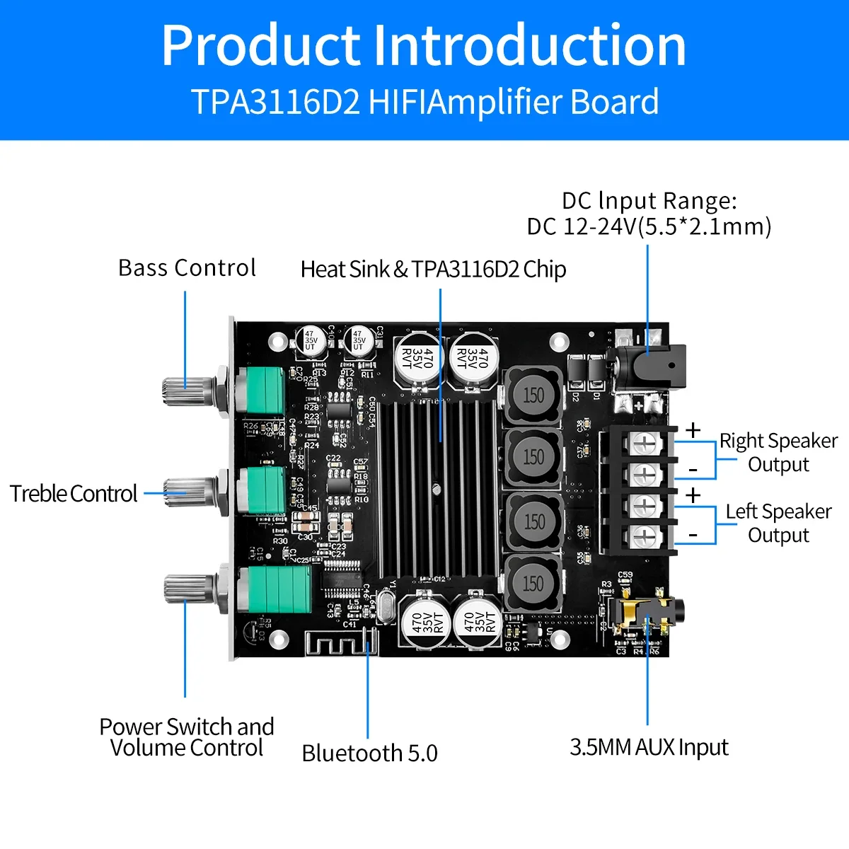 ZK-1002T Bluetooth Audio Amplifier Board HIFI 2.0 Channel 100Wx2 TPA3116 BT5.0 Adjustment Subwoofer Amplifier Board For Home Car