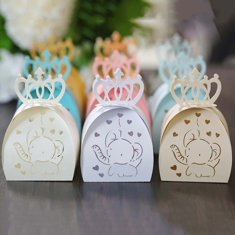 50Pcs Laser Cut Elephant Crown Candy Box Lace Chocolate Children's Festival Favor Gift Packaging Box Birthday Party Decoration