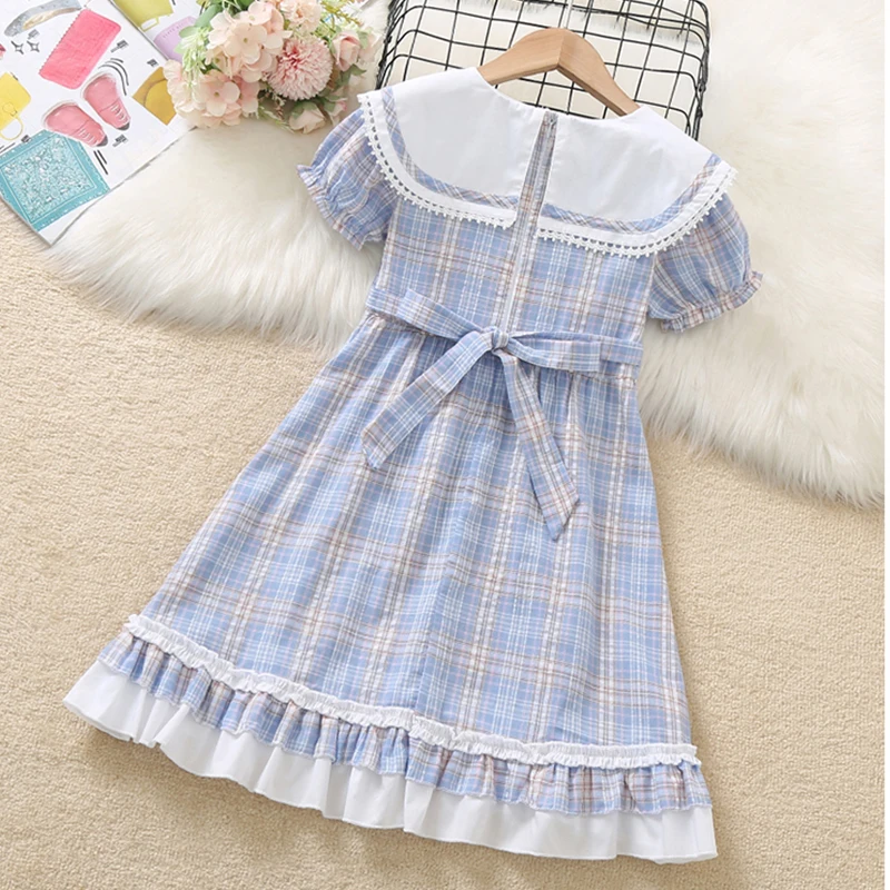 Dresses For Girls Children Costumes Summer Plaid Dress Princess Short Sleeve Sundress Baby Kids Vestidos 4 6 7 8 9 10 12 Years