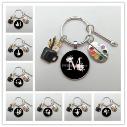 Painter Tools Enamel Pen Holder Palette and Brush Keychain Glass Cabochon Keyring Bag Car Pendant Teacher Student Jewelry