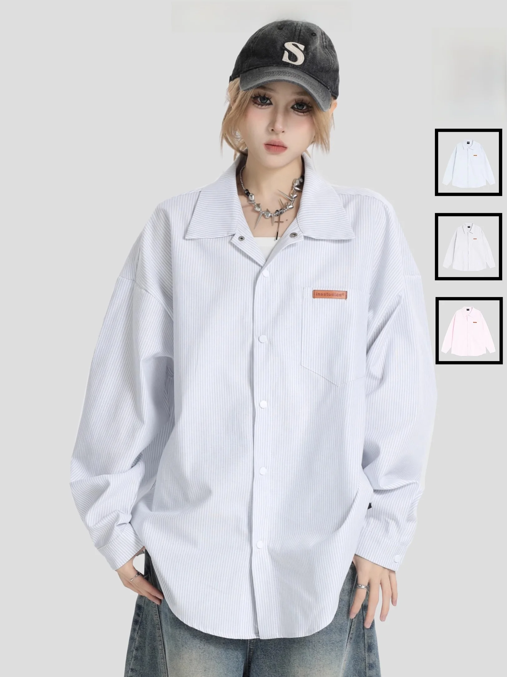 

Loose Long Sleeve Striped Shirt Couple American Style Casual Cotton Breathable Button down Men's Women's Open Cardigan Coat