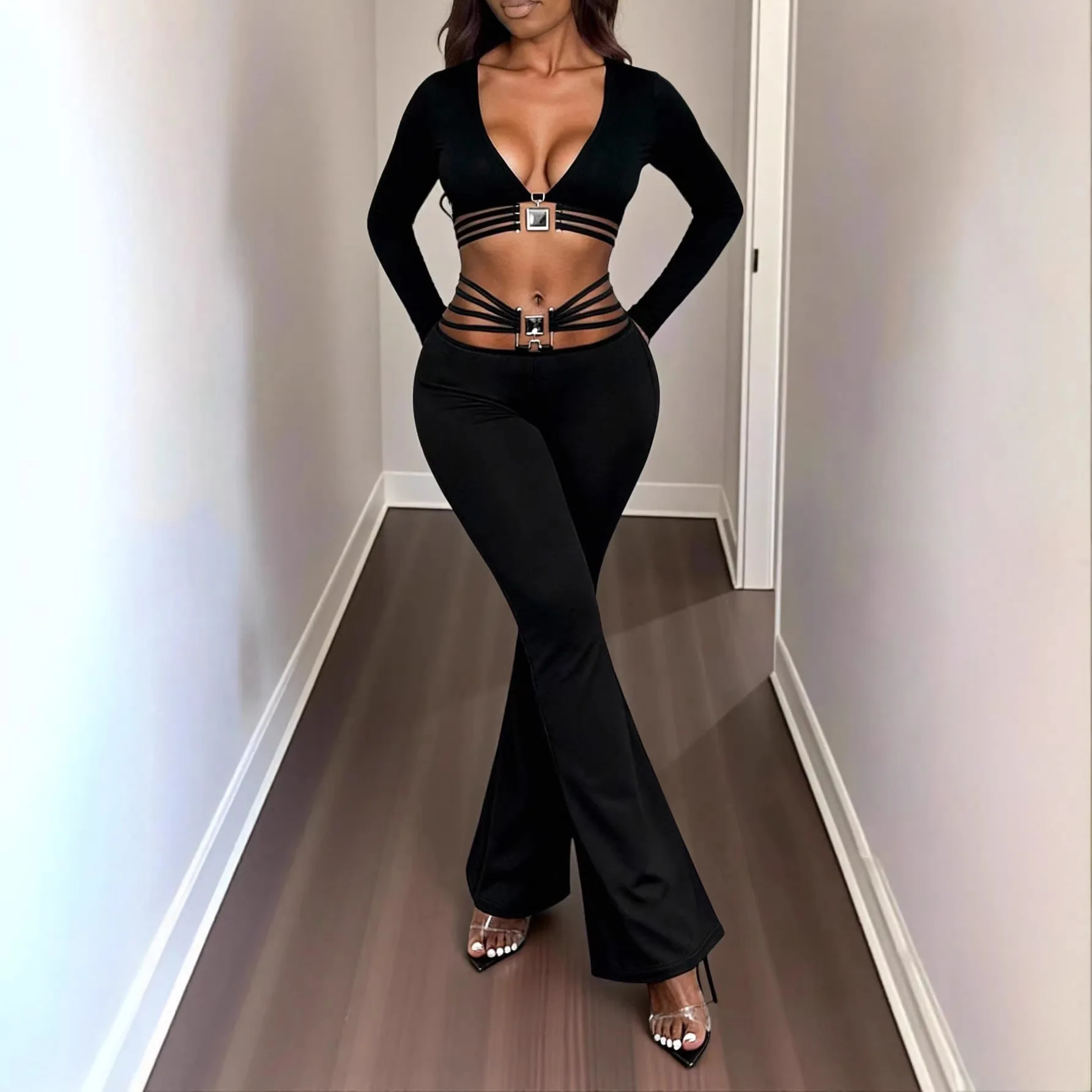 

Women's Solid Color Flare Pants High Waist Crisscross Striped Waistband Wide Leg Pants Summer New Casual Office Fashion Trousers
