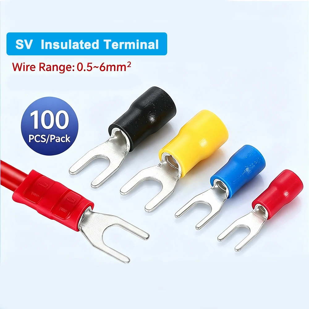100pcs Pre-insulated U Fork Wire Terminals SV1.25-4 Series Brass Crimp Spade Lugs Electrical Cable Connectors for 0.5~4mm² Wires