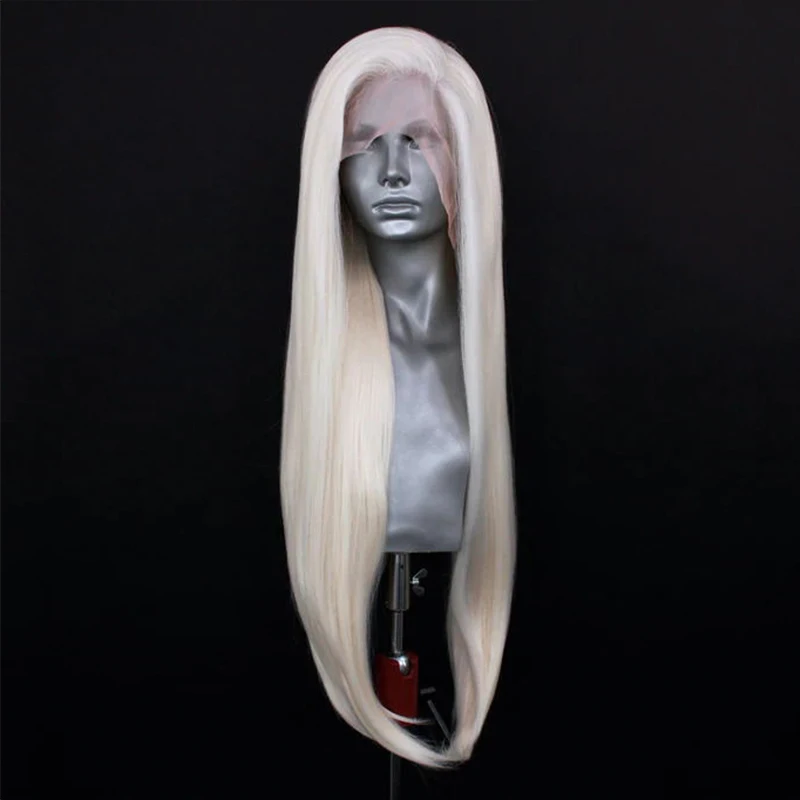 Icy Platinum Pirang Wig Lurus Sintetis 10% Rambut Manusia Campuran Renda Wig Depan Renda Wig Renda Serat Suhu Tinggi Sehari-hari