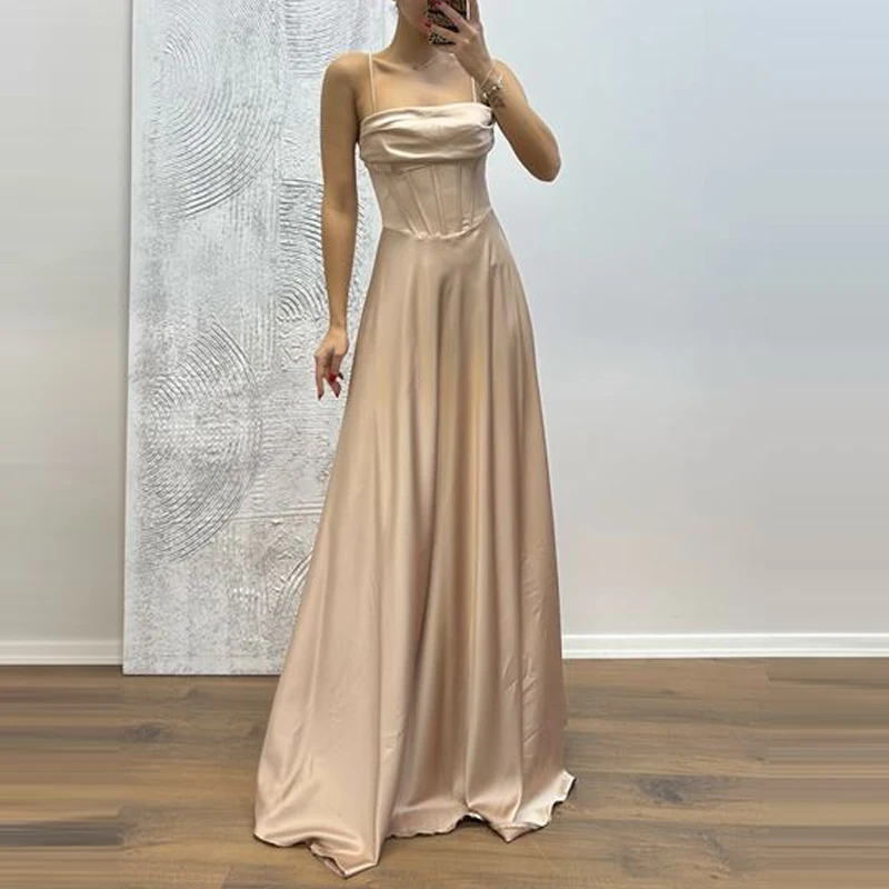 Vestido elegante sin mangas de Color liso para mujer, vestido de noche con tirantes y hombros descubiertos, vestido ajustado de cintura alta de satén