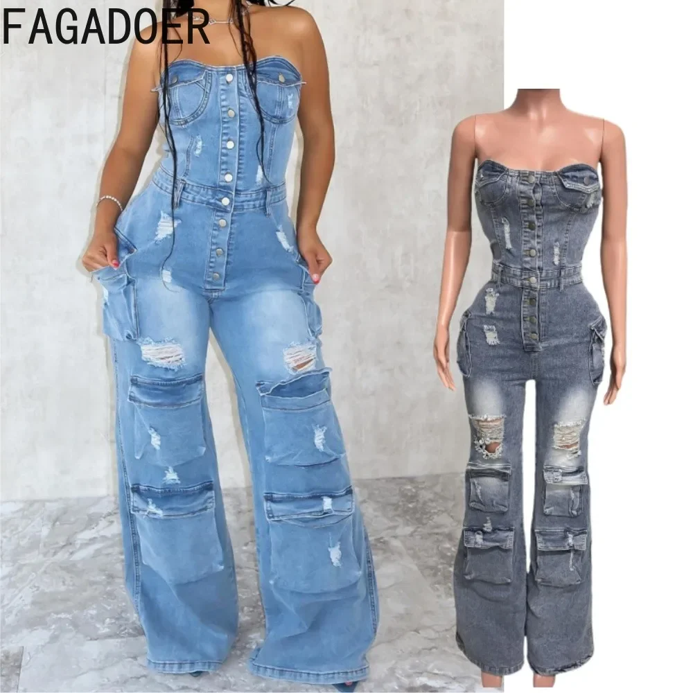 

FAGADOER Fashion Sexy Denim Jumpsuits for Women Off Shoulder Buttons Cargo Pockets One Piece Wide Leg Jean Overalls Streetwear