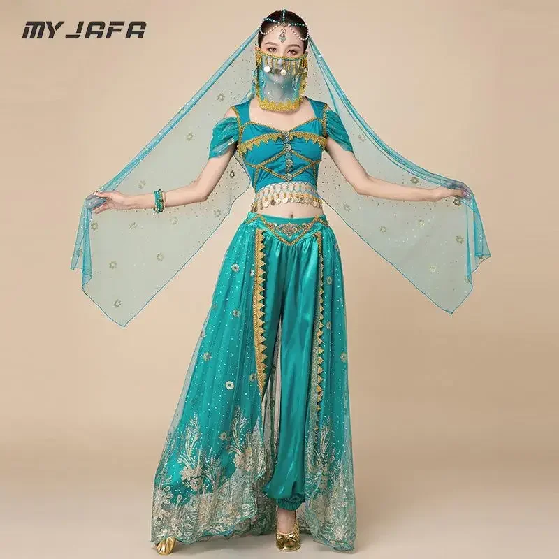 Indian Arabian Dance Courtly Style Embroider Princess Dress Bollywood Jasmine Cosplay Costume Women Fancy Outfit for Adults