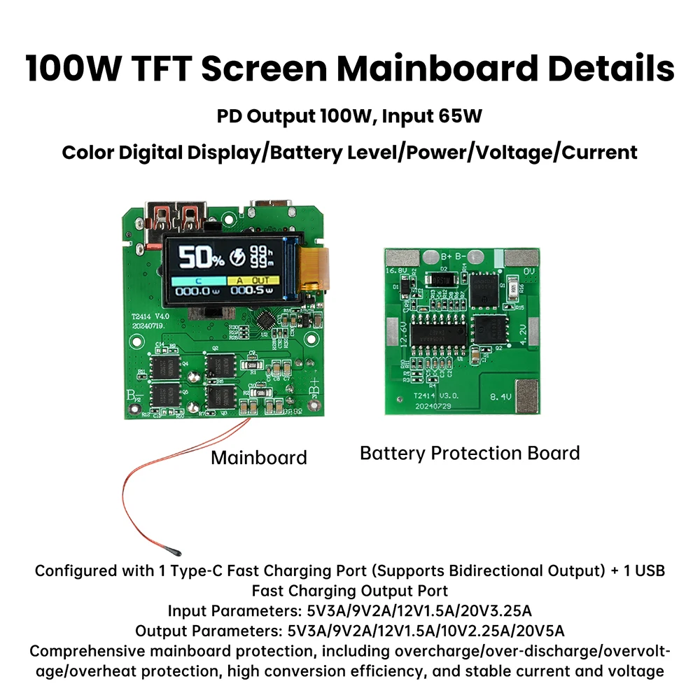 PD100W Schnelllademodul 4S Batterieschutzplatine TFT Farbdisplay Digitale Anzeige Tragbare Powerbank DIY-Modul