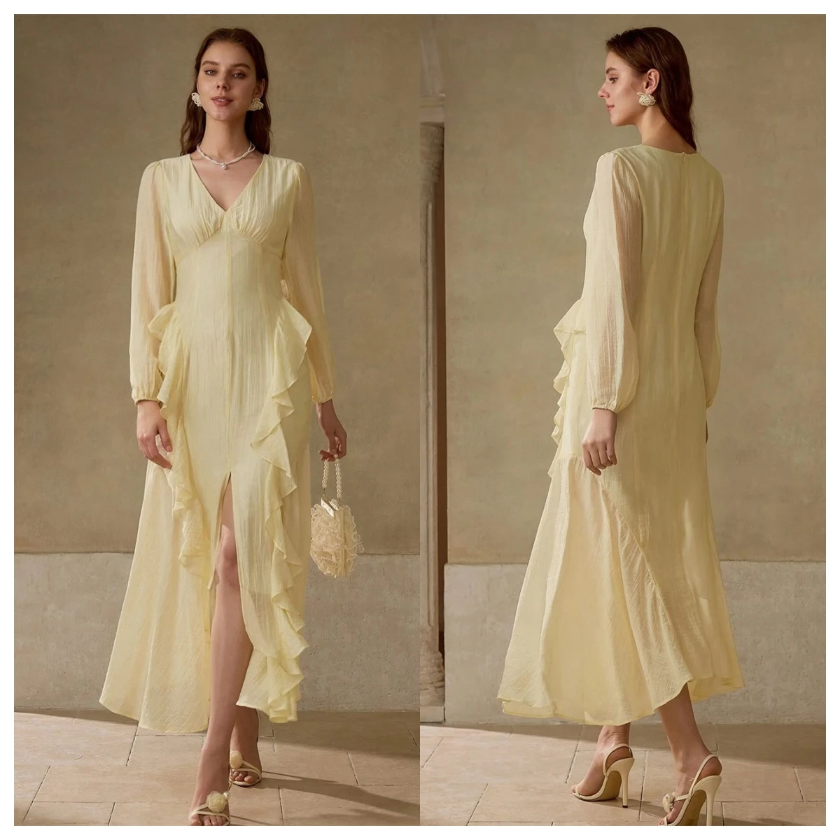 カスタマイズされたモダンなイエローシフォンイブニングドレス V ネック長袖オーダーメイドオケージョンドレスホームカミングドレス高品質ソフト