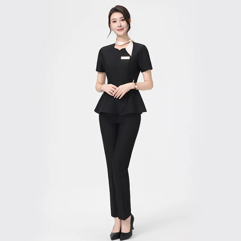 Women's Summer Beauty Salon Front Desk Receptionist Work Uniform Long Pants V-Neck Polyester Spandex Blend Moisture Wicking