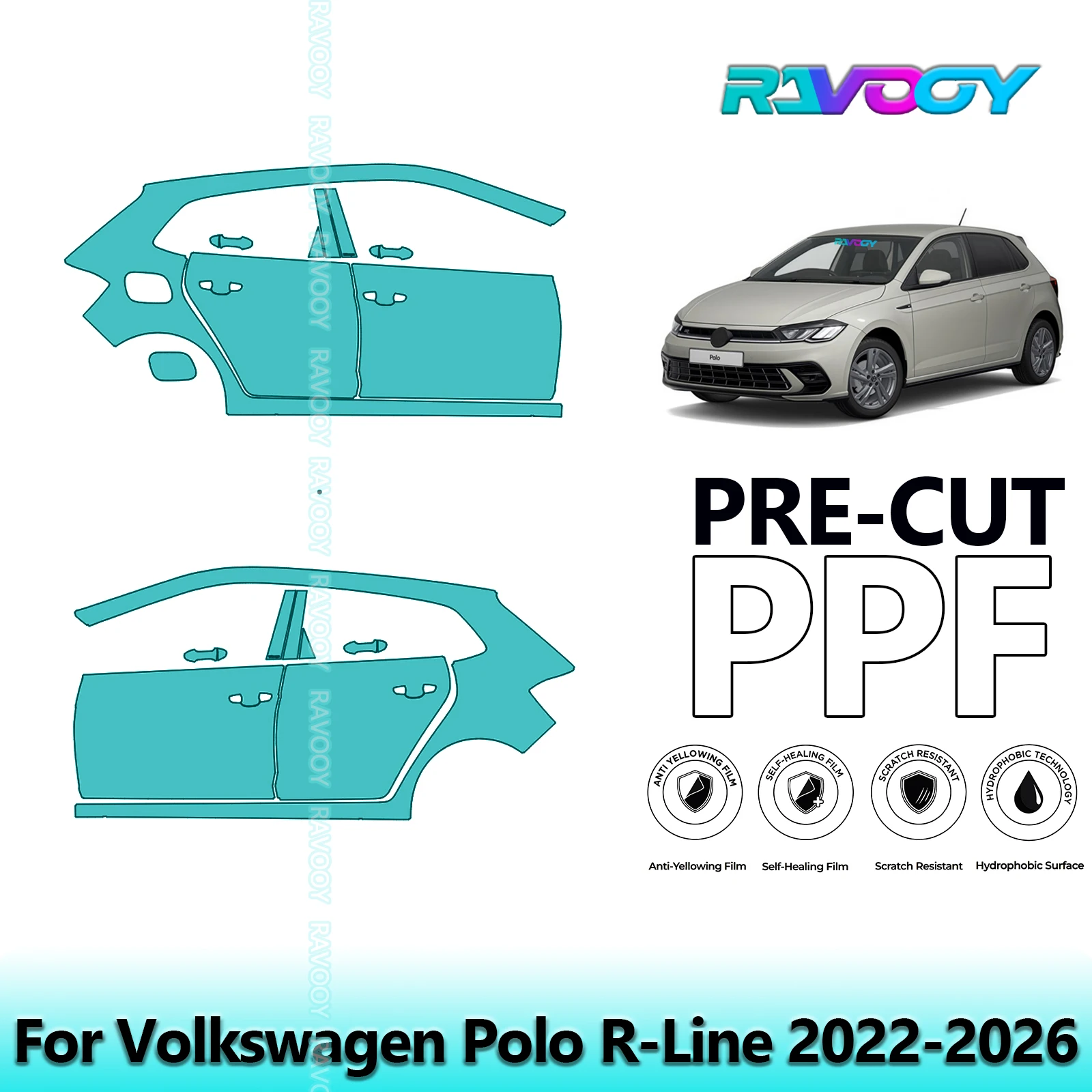 

For Volkswagen Polo R-Line 2022-2026 8.5mil Clear Matte Pre-Cut PPF Door & A/B Pillar Kit TPU Paint Protection Film Set
