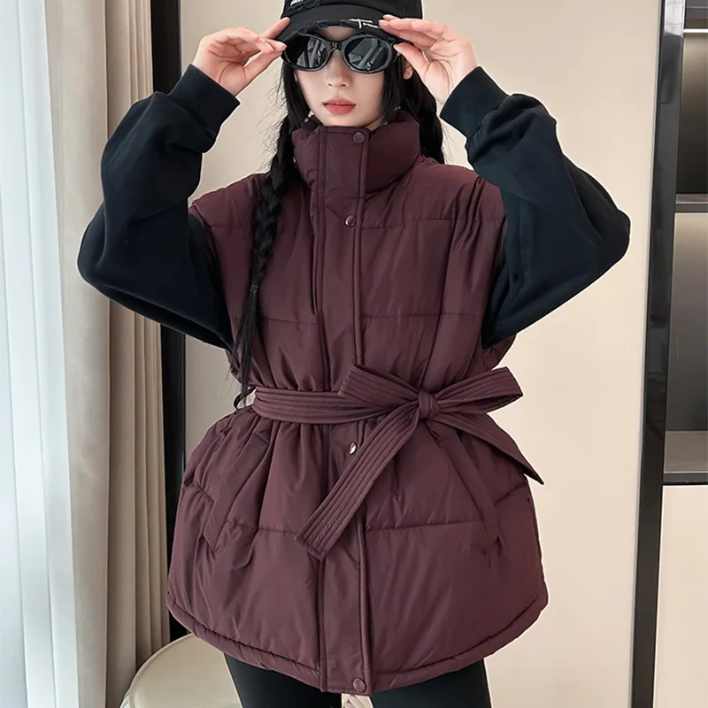 

Streetwear Zipper Up Cotton Vest Women Loose Lace Up Sleeveless Parkas for Woman Pockets Stand Collar Warm Parkas Vest Female