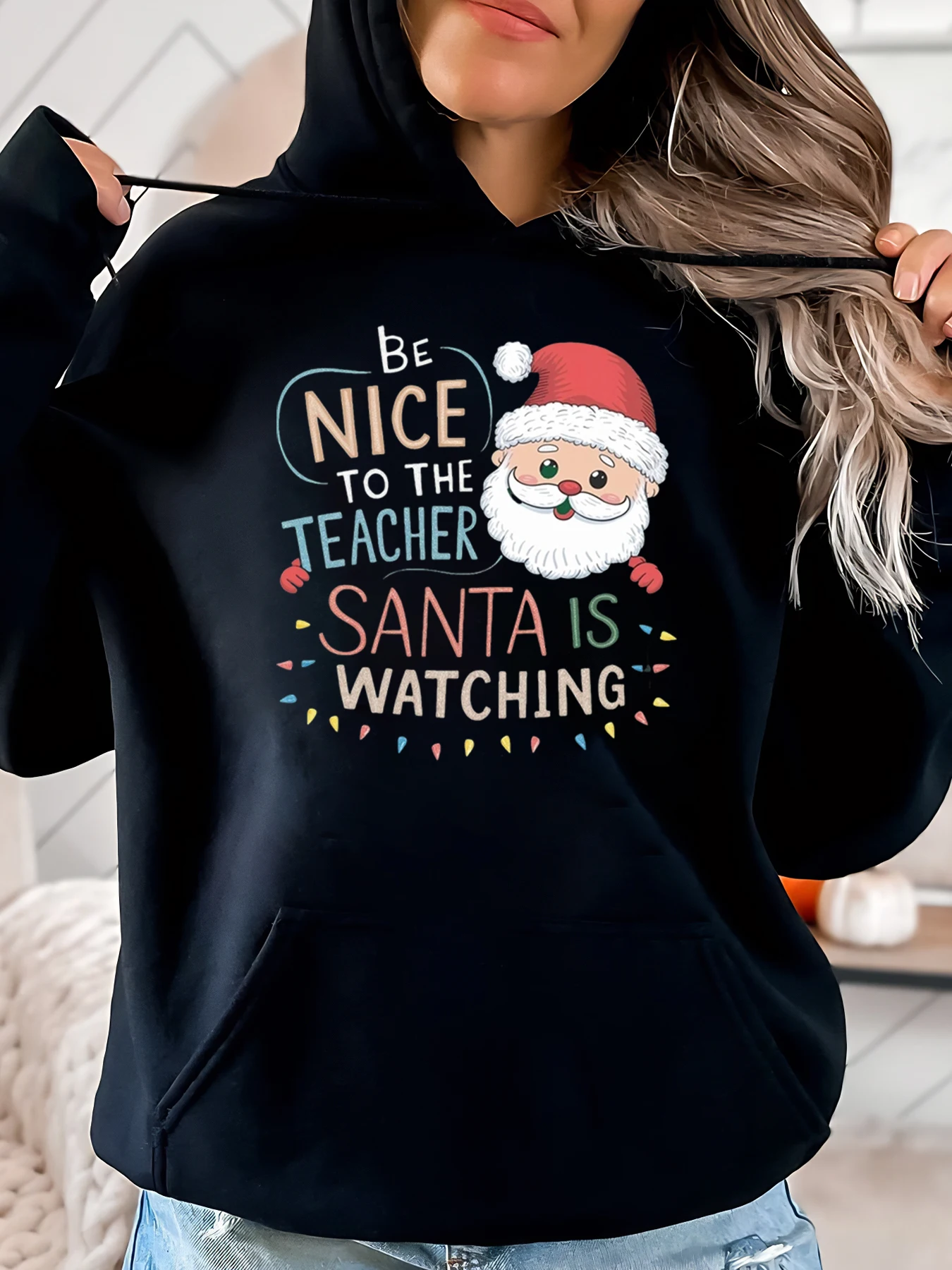 Weihnachtsmann „Be Nice to the Teacher Santa Is Watching“-Aufdruck, Weihnachts-Hoodie für Damen, lässig, Urlaubskleidung, Schwarz, Übergröße