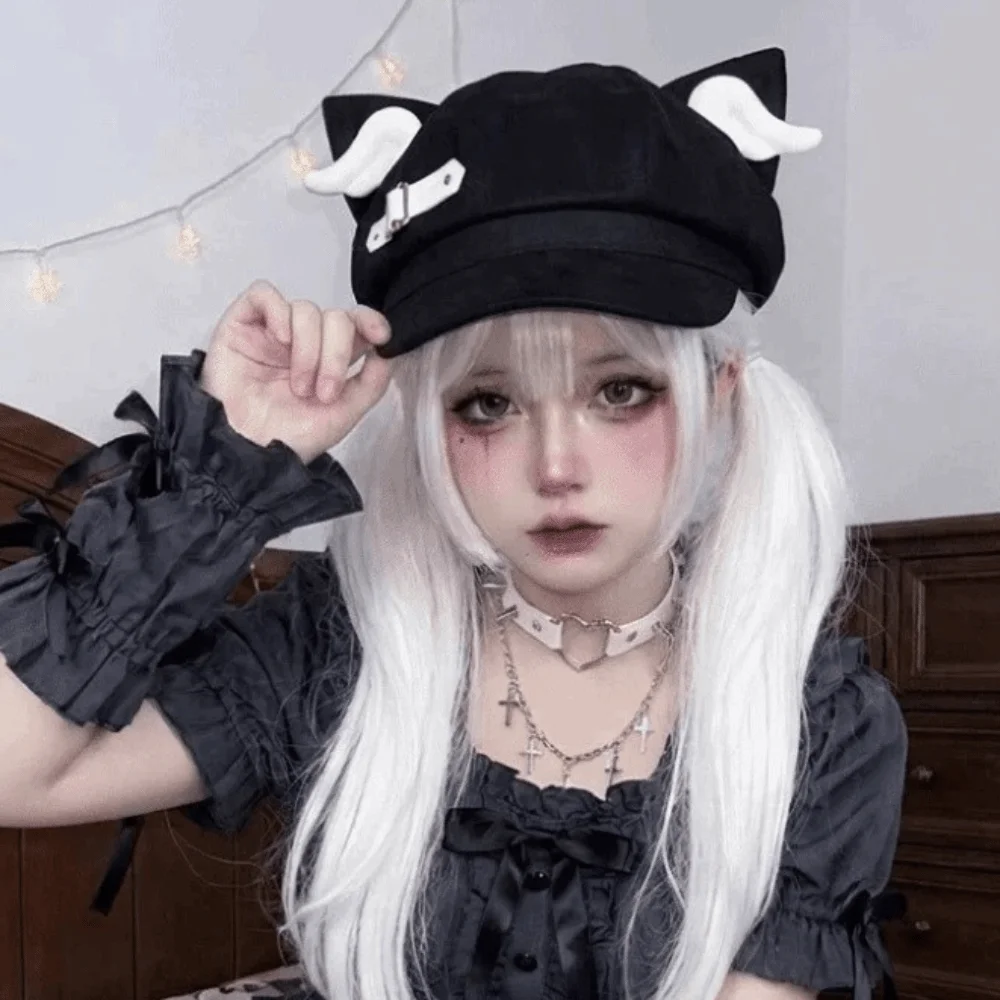 Cute Polyester Cat Ear Beret Hat Mini Wing Decor Vintage Style Newsboy Cap Blue Black Streetwear Hat Student