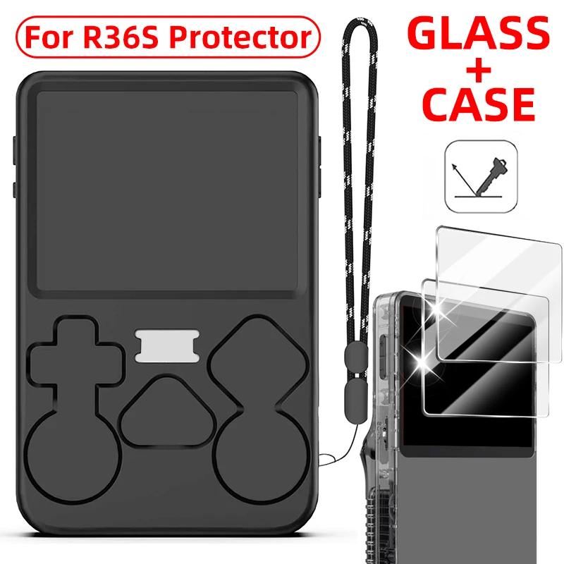 3 IN 1 for R36S Silicone Case Tempered Glass Films Full Coverage Protectors Anti-Scratch Case with Lanyard for R36S Accessories