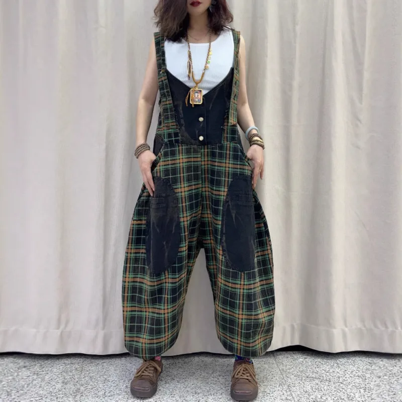 ANJY Autunno Nuove Donne Casual Marea Plaid Monopetto Giacca di Jeans Elegante Streetwear Y2K Tasca di Colore a Contrasto Tuta A8521