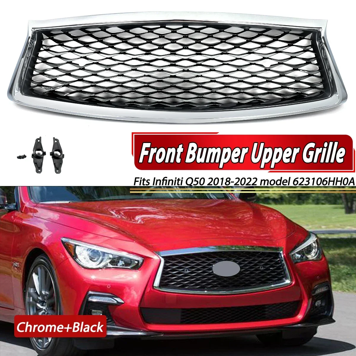 

For 2018-22 Infiniti Q50 Q50S Front Bumper Upper Grille Hood Grill Chrome+Black