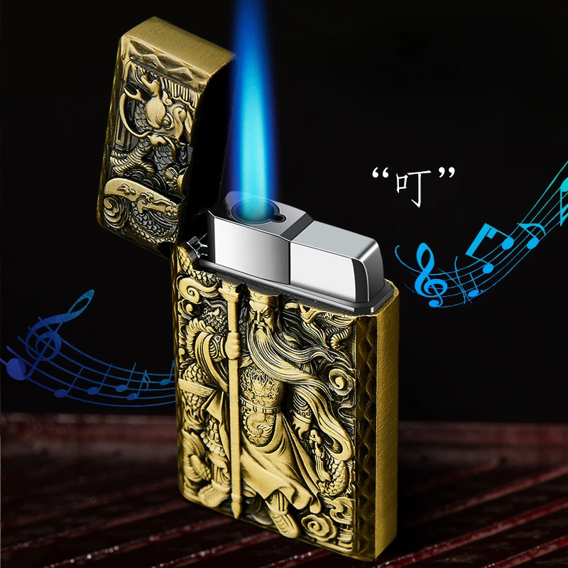 

Embossed Windproof Direct Charge Lighter Butane Gas Blue Flame Open Cover Loud Steel Sound Personalized Lighter